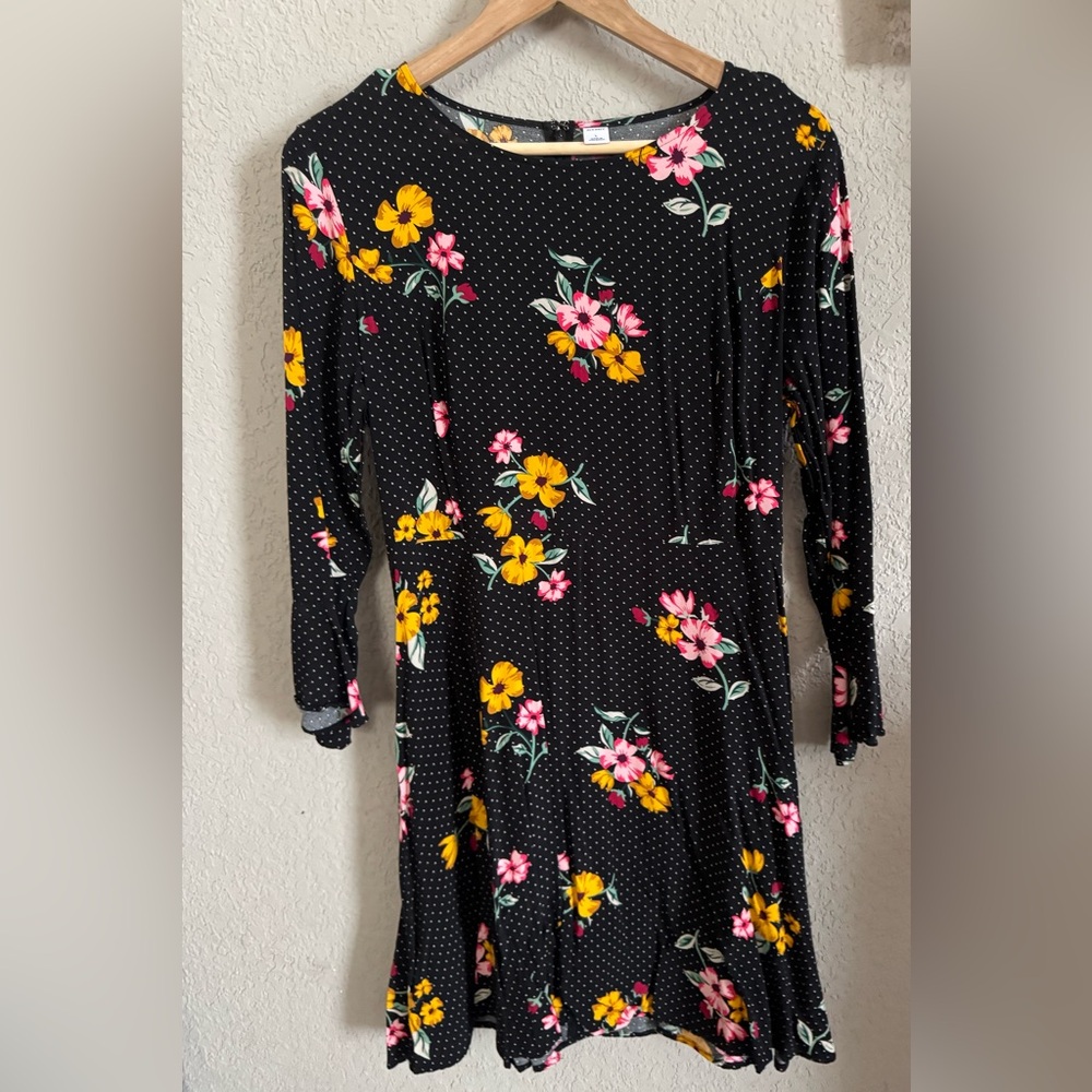Yellow and Pink Fit and Flare Casual Dress with Cuffed 3/4 Sleeves